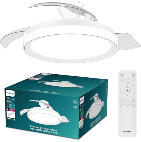 Philips Bliss Takplafond med Fläkt, Fällbara Blad och LED-lampa, 3 Blad, 106 cm i Bladdiameter, 4 500 Lumen, Reglerbart Vitt Ljus från 3 000 K till 6 500 K, Dimbar till 5%, Fjärrkontroll Ingår, Vit