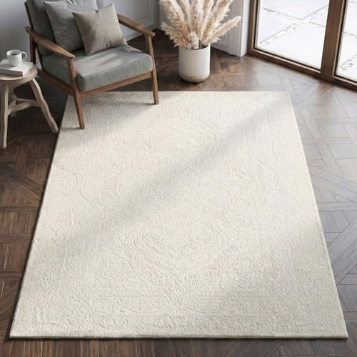VIMODA Tappeto per soggiorno e camera da letto, corridoio, cucina a pelo corto, design orientale, vintage, effetto alto, moderno, 3D, morbido, colore: crema; dimensioni: 120 x 170 cm
