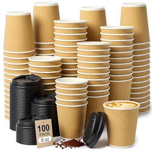 ALEXPRE 100Pack 8oz Brown Ripple Disposable Coffee Cups with Lids | Insulated Coffee Cup, Triple Wall Takeaway Paper Cups for Hot&Cold Drinks, Office, Home, Cafe, Party, Travel