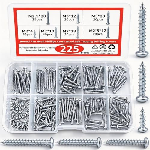Assortiment Vis Inox M2 M3, 225 Pcs Vis Autoforeuse Metal, Vis Tete Plate Cruciforme, Petite Vis Bois, Kit Vis Autoforeuse Inox pour Bricolage, Fixation Tole, Menuiserie, Reparation Maison.