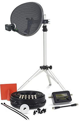 SSL Satellites 60cm Zone1 Portable Satellite Dish Kit Tripod Quad LNB & Satellite Finder - 10M Twin Black - Full DIY Kit for Caravan