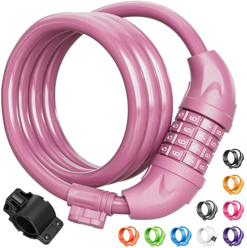 Titanker Bike Lock, Bicycle Lock 4 Feet Cable Lock 1/2 Inch Resettable Bike Locks Combination with Mounting Bracket, Bike Accessories for Bicycle, Electric Scooter, Motorcycle, Baby Pink