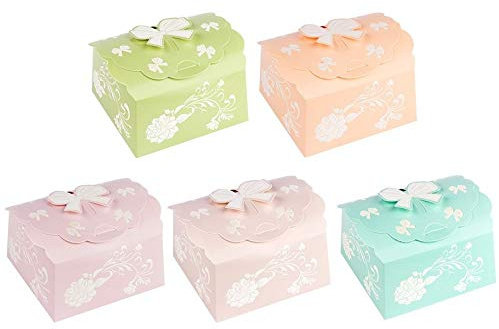 Ideen mit Herz 10 Geschenkboxen aus veredeltem Papier, Perlmuttveredelung | ideal für Hochzeit, als Gastgeschenk | verschiedene Größen von klein bis groß (Schleife - pastell/weiß, 10 x 10 x 5 cm)