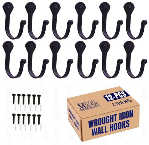 The Metal Magician Single Prong Wrought Iron Hooks, Vintage Hand Forged Iron Classic Hook Set – Rustic Curved Metal Fasteners – Decorative Colonial Wall Décor (Set of 12 Nail Hook 2.5)