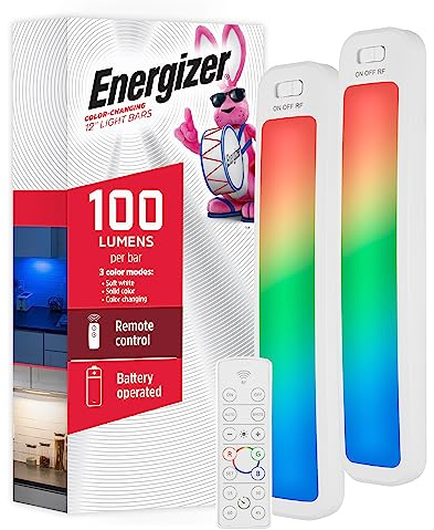 Energizer Under Cabinet Light, Color Changing, Battery Operated LED Lights with Remote, 12 Inch, 100 Lumens, Wireless Under Cabinet Lighting, Closet Lighting, Stick On Lights, Kitchen Lights, 44578