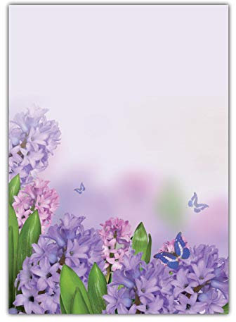 Blumen Motivpapier Briefpapier violette Hyazinthen mit Schmetterlingen (MPA-5210, DIN A4, 25 Blatt)