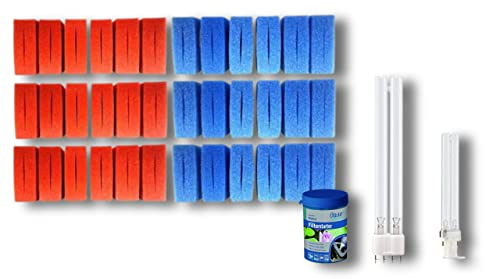 Pondlife Teichfilter Schwämme Wartungspaket kompatibel mit BioTec 36, Ersatz-Set 18x PPI10 (grob) & 18x PPI30 (fein), offenporiges Filtermaterial, inkl. PL-UVC 55 W Lampe und Filterstarter