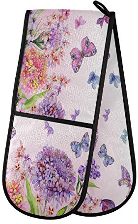 ZZXXB Spring Floral Butterfly Double Oven Mitt Heat Resistant Non-Slip Kitchen Gloves Extra Long 7 x 35 for Cooking Baking Barbecue Grilling