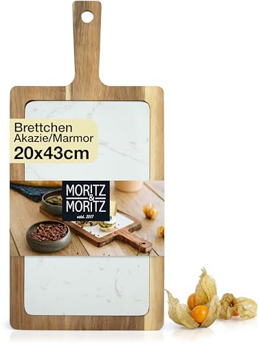 Moritz & Moritz Servierbrett Holz mit Marmor - Servierplatte Holz - Akazie Käsebrett als Deko zum Anrichten und Servieren von Käse, Fisch, Fleisch u.v.m.
