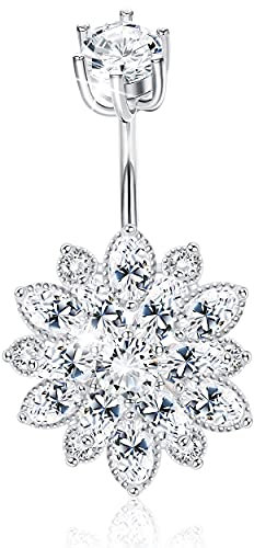 Sllaiss Anello per ombelico in argento Sterling 925, con fiore e zirconia cubica, da donna, per ombelico, piercing per ombelico, gioiello per piercing al corpo, Argento sterling Zirconia cubica