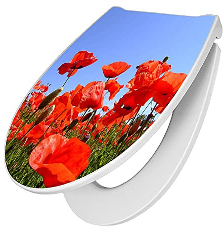 banjado Premium Toilettendeckel mit Absenkautomatik 45x38,4cm / WC Brille Soft Close/hygienischer Toilettendeckel/Klodeckel Duroplast mit Edelstahl Scharnier/Motiv Mohnblumen