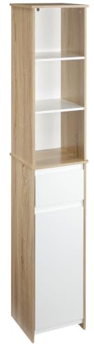 kleankin Armario Alto de Baño 3 Estantes 32,6x30x171,2 cm Natural y Blanco | Mueble Columna de Baño, 1 Puerta, Cajón, Balda Ajustable, para Cocina, para Salón