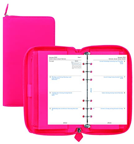 Filofax Saffiano Fluoro Zip Organizer, Personal Compact Size, Fluoro Pink - Cross-Grain, Leather-Look, Six Rings, Week-to-View Calendar Diary, Multilingual, 2022 (C028751-22)