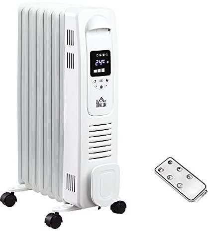 HOMCOM 1500W Digital Oil Filled Radiator, 7 Fin, Portable Electric Heater with LED Display, 24-Hour Timer, 3 Heat Settings, Safety Cut-Off and Remote Control, White