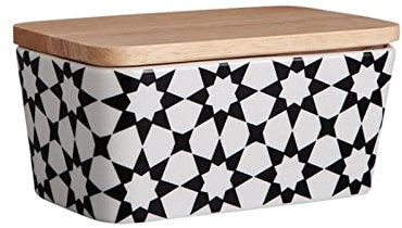 Beurriers Conteneur de beurre de beurre de beurre de céramique à motifs avec couvercle en bois plat de beurre réutilisable 1PC Beurriers Conteneur de Beurre (Color : Black White)