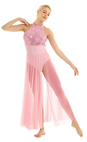 MSemis Damen Ballettkleid Latein Tanzkleid mit Asymmetrisch Rock Tanz Body Ballett Trikot Modern Lyrisch Tanz-Kostüm Leotards Tüllkleid B Rosa S