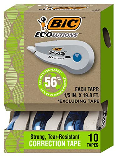BIC Wite-Out Brand Revolution Mini-Korrekturband, enthält 56% recycelten Kunststoff, weißes Klebeband, 10 Stück