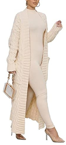 Long Sweaters for Women Cardigan Open Front Long Sleeve Plus Size Chunky Cable Knit Duster Cardigans with Pockets Winter Coat, Beige, XL