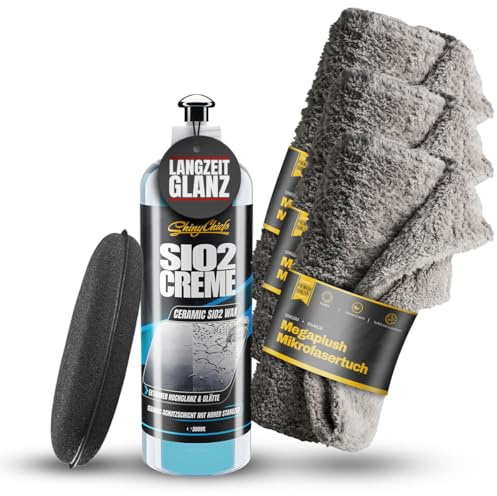 ShinyChiefs SiO2 CREME - Flüssigwachs mit SiO2-Keramik-Technologie - 500ml | Langzeit-Versiegelung für die Lack-Pflege, Hydrophober Schutz mit Hochglanz-Effekt, 3x Microfasertuch + 1x Applikator