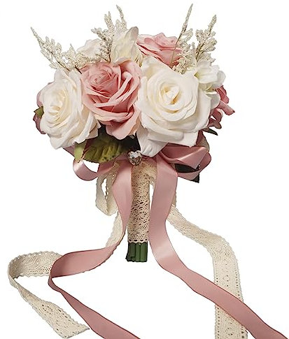 LEIFENY Wedding Bouquets for Bride, Champagne White & Pink Bridal Bridesmaid Wedding Flowers, Artificial Toss Rose for Civil Ceremony (Hollow Lace Ribbon Handle)