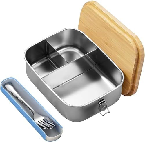Bento Box,1200ml Bento Lunch Box for Adults/Kids,Stainless Steel Lunch Box with Wooden Lid,Leak Proof Lunch Box Snack Box with 3 Compartments and Cutlery Set,Reusable Sandwich Box for School Office