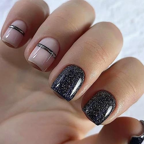 24 Stück Falsche Nägel Schwarz Linien Press on Nails Eckig Kurz French Künstliche Nägel Vollabdeckung Kunstnägel Nägel Zum Aufkleben Natürliche Acryl Fingernägel Fake Nails für Frauen und Mädchen