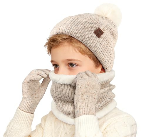 OZERO Kinder Wintermütze Handschuhe Schal Set - Warmes Fleece 3-teiliges Set für Jungen & Mädchen, Weiche Beanie mit Fäustlingen & Halstuch gegen Kälte - Für Kindergarten & Outdoor