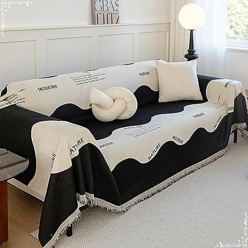 Gualiy Couch Überzug 180x380cm, Gewellt mit Buchstaben Couchbezug 4 Sitzer Sofabezug Abwaschbar Schwarz Couchbezug für Schlafzimmer