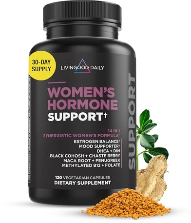 Livingood Daily Women’s Hormone Support Supplement, Estrogen Balance with Fenugreek, Black Cohosh, Chasteberry, DIM, Natural PMS & Menopause Support, Non GMO, Gluten Free, Vegetarian Capsules, 120 Ct