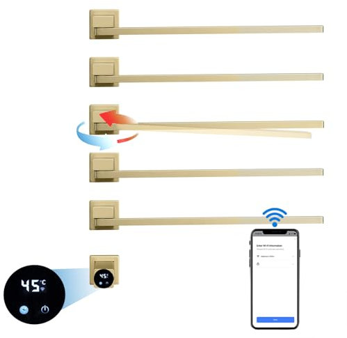 Toallero Electrico Baño WiFi Inteligente Radiador Toallero 180° De Rotación con Temporizador, 45-60°C, 93W Oro Cepillado Calentador De Toallas De 5 Barras Calientatoallas De Pared