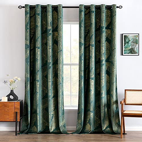 MIULEE Velvet Curtains with Gold Foil Leaves Pattern, 2 Dark Green Velvet Curtains with Eyelets, Each 46 x 90 Inch, Room Darkening Drapes for Classical Living Room Bedroom