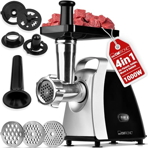 Clatronic® Tritacarne 1000W | con attacco per biscotti/pasticceria | 3 dischi perforati in metallo | avanti e indietro | incluso insaccatore per salsicce | collo in metallo e vite senza fine | FW 3803