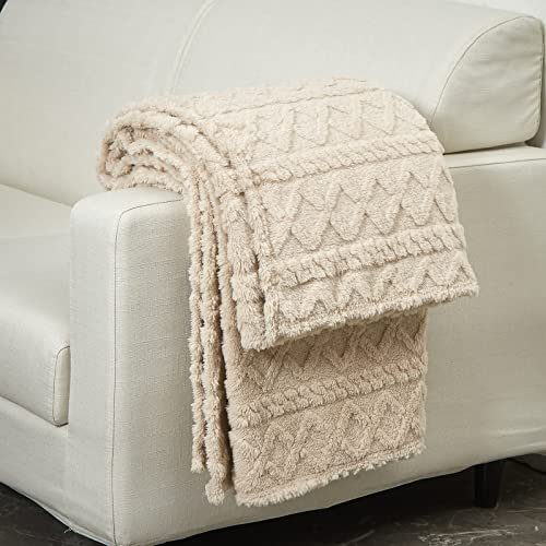 WONGS BEDDING Couverture douillette en laine d'agneau - 220 x 240 cm - Motif losanges - Couverture polaire douce et chaude - Pour lit et canapé, beige