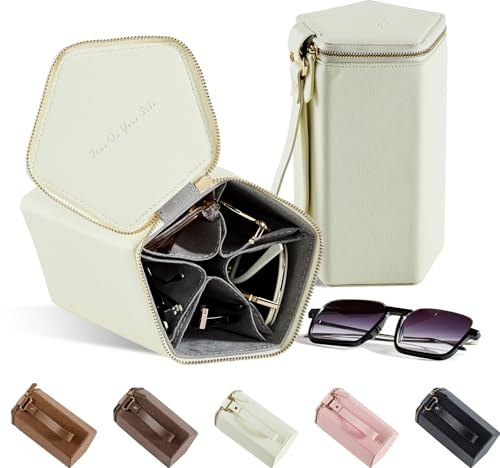 cloudever Sunglasses Travel Case Organizer with Zipper, 2024 New Trends 5 Slots for Men and Women, Eyeglasses Travel Case Storage Holder Organizer (Ivory)
