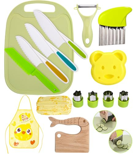 Kindermesser 16-teiliges Kinder-Küchenmesser-Set zum Schneiden und Kochen von Obst oder Gemüse, inklusive Holzmesser Schneidebrett Schäler Geburtstagsgeschenke für Kinder Knives