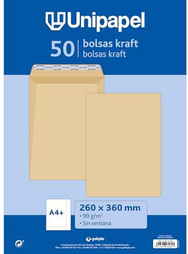Unipapel - Pack 50 Sobres Papel Kraft 90g, 260x360mm, Bolsa Cierre Recto