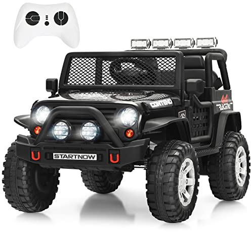GOPLUS Elektroauto für Kinder, 12V Jeep Kinderauto mit Fernbedienung, Sanftanlauf, Hupe & Musik & USB & MP3, realistischer Truck mit großen Reifen für Kinder ab 3 Jahren (Schwarz)