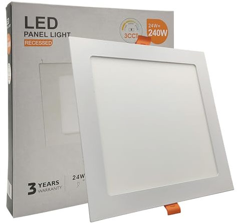 FactorLED Downlight LED 24W Slim, Ø225x45mm, Placa Cuadrada Empotrable, Panel Cuadrado Extraplano 2640 lúmenes, Corte techo Ø205x205mm, Luz Seleccionable 2700K-4000K-5700K (CCT)