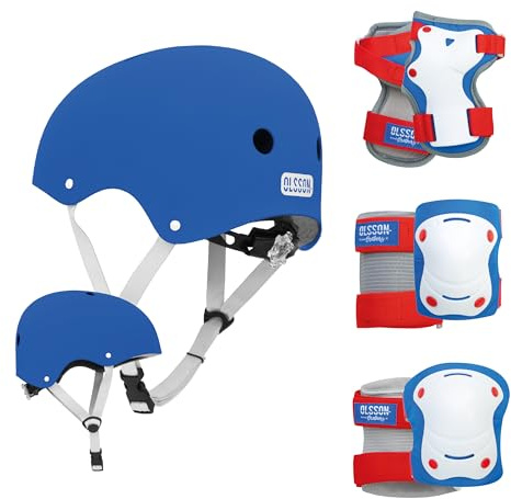 OLSSON - Casco da bambino, blu M/L + kit di protezioni - guscio esterno in ABS interno EPS fodera interna rimovibile e lavabile, misura regolabile, 11 griglie di ventilazione - monopattino bicicletta