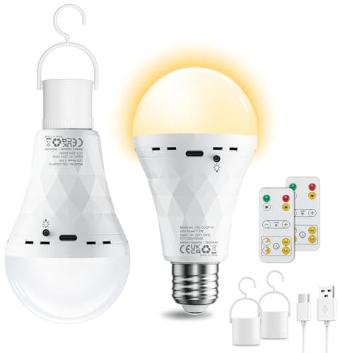 E27 LED Glühbirne 2Stück USB Rechargeable 2600mAh Lampe Warmweiss&Kaltweiss Dimmbar mit Fernbedienung,Timer Lampen E27-Sockel&Wiederaufladbare Dual-Purpose mit Haken für Tischlampe,Pendellampe,Camping