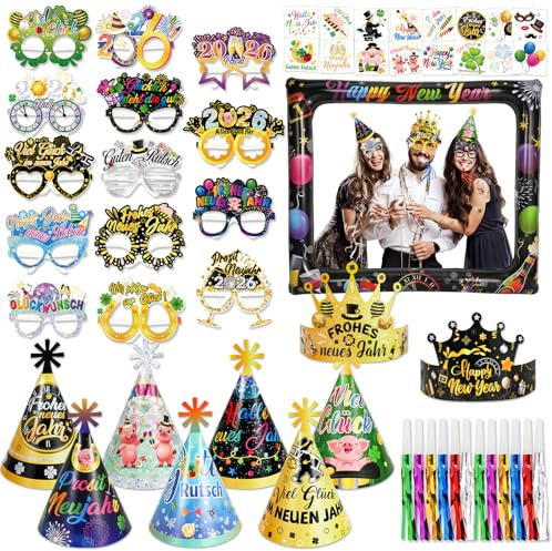 DPKOW 52Stk 2026 Glücksbringer Silvester Accessoires, Hüte Brillen Foto Requisiten Aufblasbarer Tattoos Partytröte für 2026 Silvester Party Zubehör Gadget Glücksbringer Neujahr