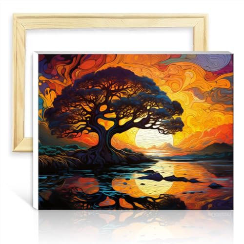 LiHEQING Malen nach Zahlen auf Leinwand, Bäume bei Sonnenuntergang, Insel, Ölgemälde-Set für Erwachsene und Anfänger, Kunsthandwerksprojekt, DIY-Rahmen (40 x 50 cm)