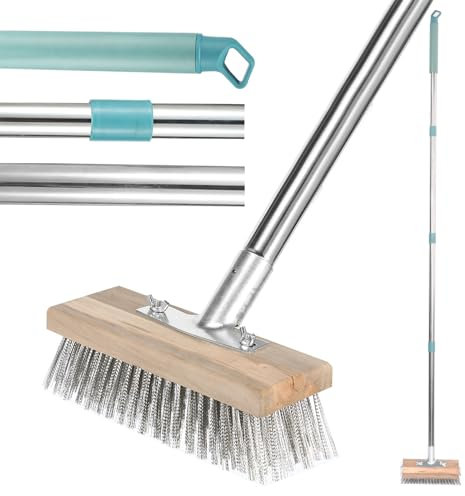 Balai en fil d'acier inoxydable à long manche avec 4 poteaux détachables, brosse en métal rigide, brosse de nettoyage de terrasse, outil de nettoyage de sol pour surfaces rugueuses, béton, sol,