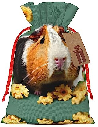 HJLUUFT Jutebeutel mit Blumenmotiv und Meerschweinchen-Druck, Weihnachtsgeschenktüte mit Kordelzug und Geschenkanhänger, Hochzeit, Weihnachten, Partygeschenk
