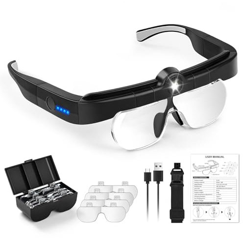 NZQXJXZ Lupenbrille mit Licht LED Kopfbandlupe USB Charge, 3 Einstellbare Farbtemperaturen, Kopflupe für Juweliere, Lesen, Ältere Menschen, 5 Linsen (1.5X bis 5X), Schwarz