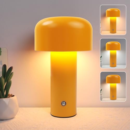 EXTRASTAR LED Pilzlampe, Dimmbar Touch-Tischlampe mit 3 Farbtemperatur und USB-C, Kabellos Tischlampe für Schlafzimmer & Wohnzimmer,Gelb
