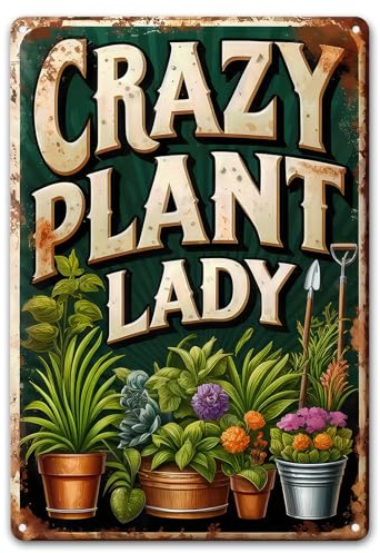 Aroutde Vintage Garden Metal Sign CRAZY PLANT LADY Retro Gardening Tin Plate Wall Decor for Home Garden Yard Greenhouse Outdoor Decoration (8x12 Inch)