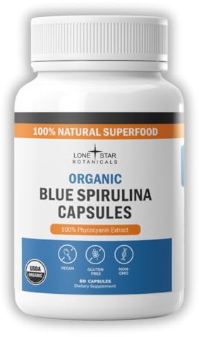 Lone Star Botanicals Organic Spirulina Capsules – 100% Pure Blue-Green Algae, No Fishy Smell, Superfood Supplement, Vegan, Non-GMO, Gluten-Free (Blue (60 Count))