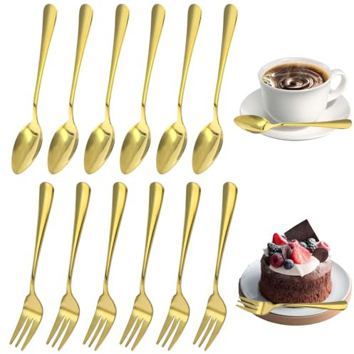 GOIYZTTR Lot de 24 Petites Cuillères et Fourchettes à Gâteau en Acier Inoxydable Doré, 12 Cuillères à Soupe et 12 Fourchettes, Lavable au Lave-vaisselle