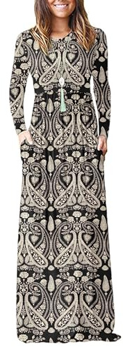 AUSELILY Damen Maxikleid Langarm Taschen Winter Schwarz Paisley S | Kleid mit Taschen Langarm,Lässiges Maxikleid mit Rundhals,Für den Alltag geeignet,Angenehmes Material,Polyester,Spandex